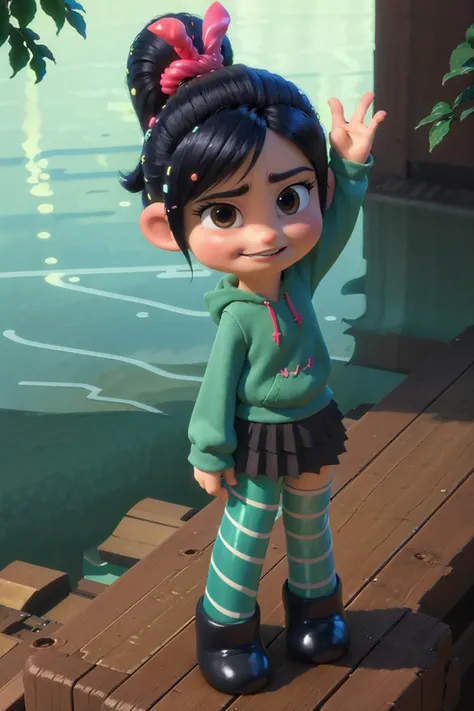 Vanellope, Bblack hair, sitting, gazing at viewer, 正面, green bikini, poses photos, best qualityer, no flaws, perfect strokes