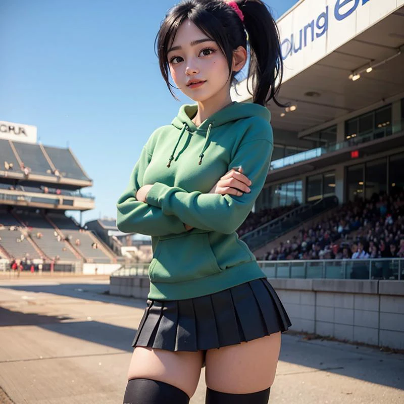 ((best quality)), ((masterpiece)), (detailed), beautiful lighting, photorealistic, dynamic angle,
1girl, solo, cowboy shot, crossed arms,
<lora:vanev9-128-128-skip2:0.5:lbw=1,0,0,0,0,0,0,0,1,0.5,0,0,0,1,0,0,1,0,1,1,1,1,1,0,0,0>, vanellope, vanellope von schweetz, ponytail, hair ribbon, medium breasts, medium ass, beautiful legs, perfect body, shiny skin,
green hoodie, long sleeves, striped legwear, green and white thighhighs, black miniskirt, pleated skirt,
seductive smile, looking at viewer,
racetrack,
