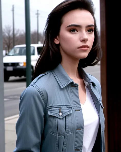 fashion modelshot, (closeup portrait:1.2) of m4th1ld4m4y, wearing a jacket, looking at viewer, outside, simple background, <lyco:LoHA_m4th1ld4m4y_SD1.5_230820:1.0>