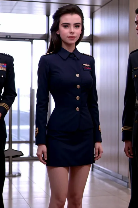 m4th1ld4m4y as a stewardess, excited, wearing a stewardess uniform, standing, eyes directed to camera, at the airport,  <lyco:LoHA_m4th1ld4m4y_SD1.5_230820:1.0>