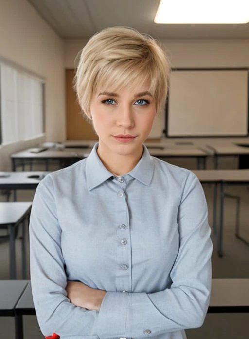 woman wearing teacher suit in classroom dramatic lighting, upper body, facing viewer, beautiful woman short blonde hair, <lora:SkyBlueV5:0.7>, perfect eyes, facing viewer