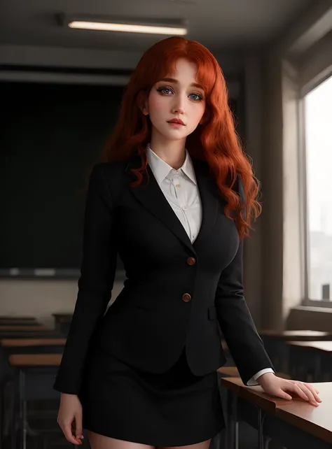 woman wearing teacher suit in classroom dramatic lighting, upper body, facing viewer, beautiful woman medium long red hair, <lora:SkyBlueV5:0.7>, perfect eyes, facing viewer
