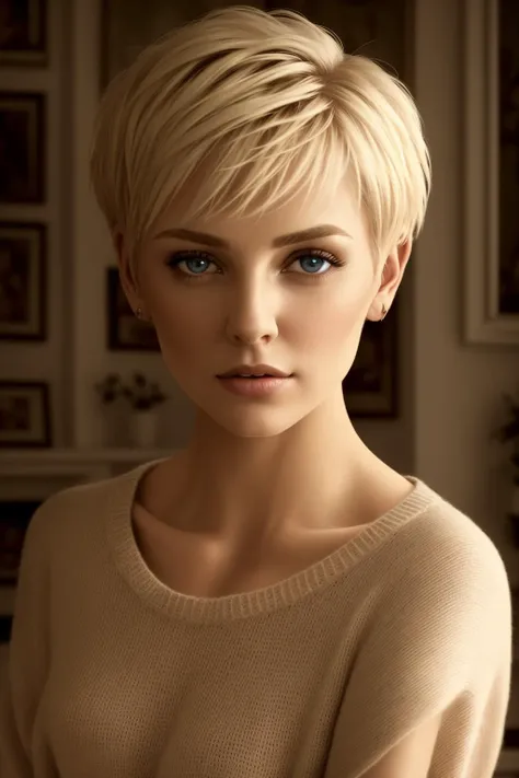 portrait woman wearing sweater in romantic Livingroom with dramatic lighting, upper body, facing viewer, beautiful woman short blonde hair, perfect face, round pupil, round pupils, rendered eyes