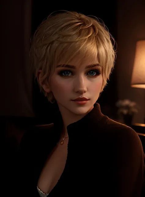 portrait woman wearing sweater in romantic Livingroom with dramatic lighting, upper body, facing viewer, beautiful woman short blonde hair, <lora:SkyBlueV5:0.7>, perfect face