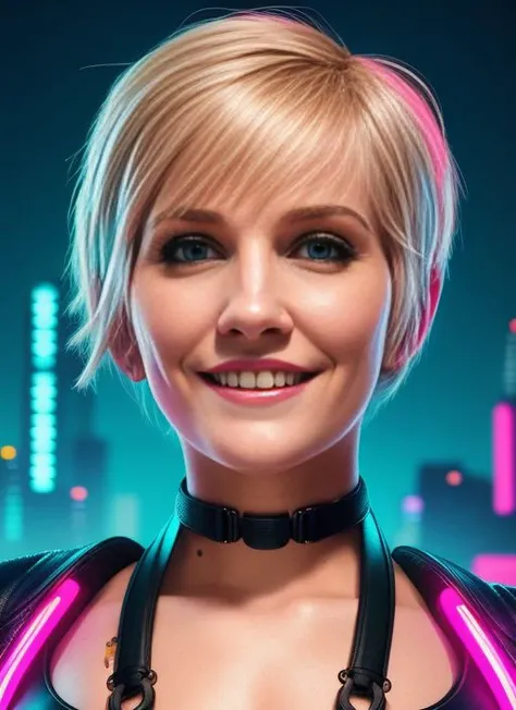 Picture, best quality, portrait photo of woman short blonde hair, smiling, looking at viewer, wearing cyberpunk outfit, crop top jacket, neon motiff, synthwave, sharp focus, (dystopian cyberpunk city background:1.1), <lora:ShurikSkyeBlue:0.7>