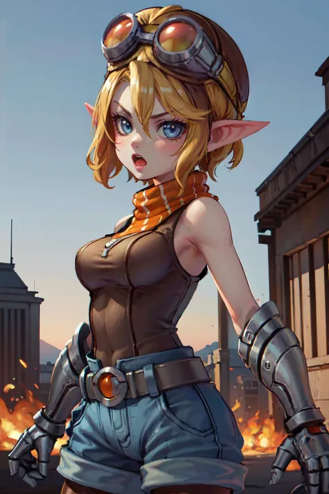 masterpiece, best quality, ultra high res, 1girl, cute, ((puffy eyes)), looking at viewer, solo, upper body, facing front, detailed face, detailed eyes, <lora:ta-Steel_Elf-09:0.8>, lolie, blue shorts, mechanical arm, short hair, striped pantyhose, blonde, carf, (aviator cap:1.5), blue eyes, battleground background, angry, shouting. belt