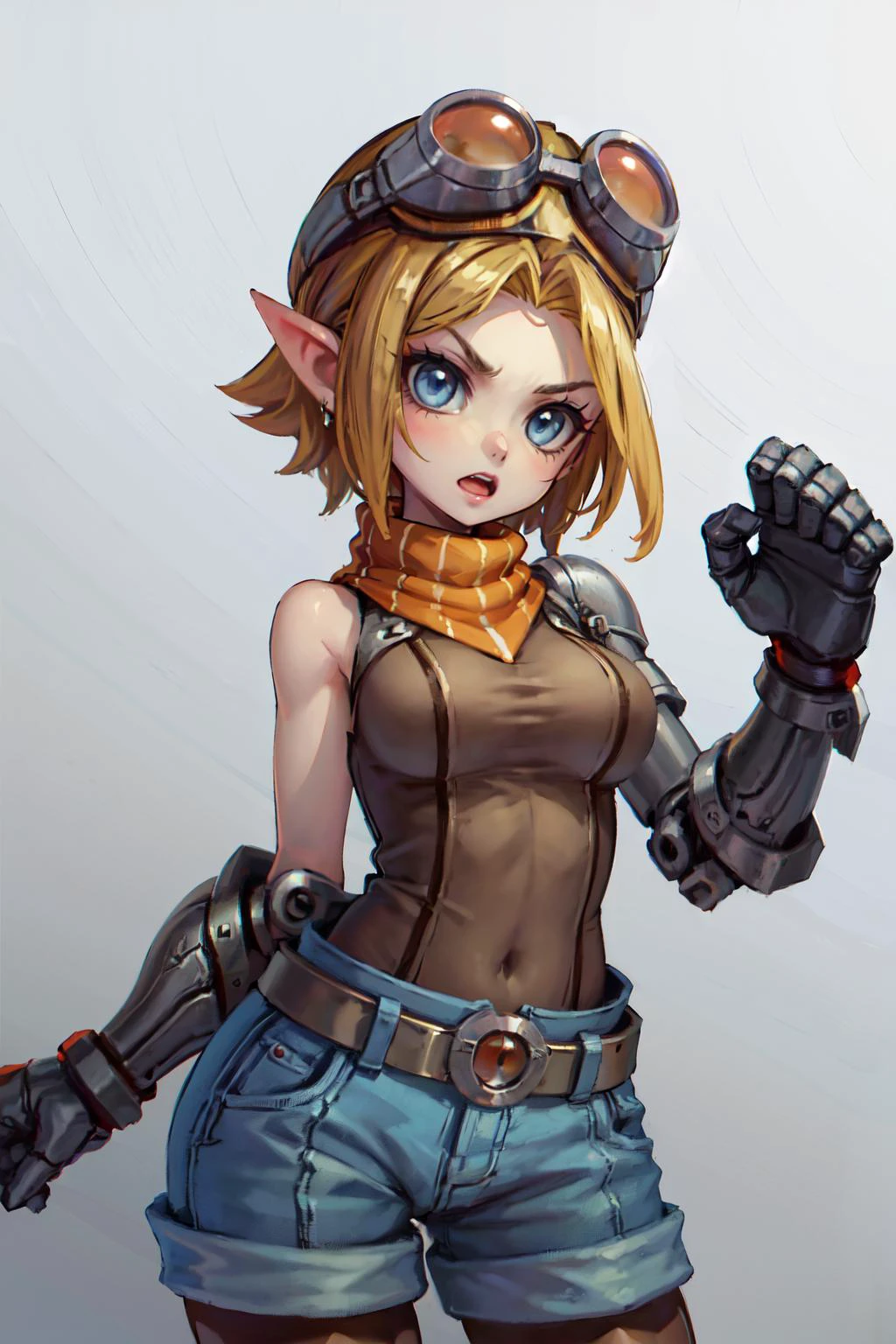 masterpiece, best quality, ultra high res, 1girl, cute, ((puffy eyes)), looking at viewer, solo, upper body, facing front, detailed face, detailed eyes, <lora:ta-Steel_Elf-08:0.8>, lolie, blue shorts, mechanical arm, short hair, striped pantyhose, blonde, carf, (aviator cap:1.5), blue eyes, battleground background, angry, shouting
