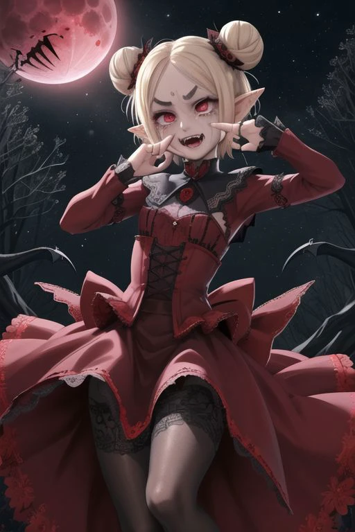 (best quality, masterpiece, colorful, dynamic angle, highest detailed)upper body photo, full body photo, fashion photography of cute unity 8k wallpaper, ultra detailed, beautiful and aesthetic, (photorealistic:1.4), (1girl), green eyes, blonde, hair ornament, elf ears, short hair, blush, dynamic pose, dynamic angle, lipstick, slim, slim body, very wild shot, outdoor, detailed background, realistic, solo, perfect detailed face, naughty face, detailed eyes, highly detailed, full naked, short hairs, ideal bobtail, full naked, detailed nippets, BREAK (pale skin), (detailed delicate intricate and ornated long burgundy blue renaissance costume), brocade, taffeta, (intricate lace, lace stockings, lace gloves), (vampire pose, (double buns long wavy hair), (((tears))), (((wind from front))), (((bloody vampire fangs, open mouth show fangs))), (((scary face, wrinkled eyebrows))), wrinkles, long nails, perfect anatomy, perfect proportions, realistic skin-textures, detailed dark red eyes, (((dark eyeshadows))) BREAK ((fantasy forest)), ((small flowers around)), ((dark night)), ((darkness)), magic flowers, ((small moon)), (intricate details, hyperdetailed:1.15), detailed, moonlight passing through hair, (official art, extreme detailed, highest detailed), detailed background, (((midnight))), (dimly lit:1.03), (cool temperature), dramatic_lighting, ((blue lighting)), (volumetric_fog), ((fantasy art)) in the style of Franz Xaver Winterhalter,<lora:Elixir:1>