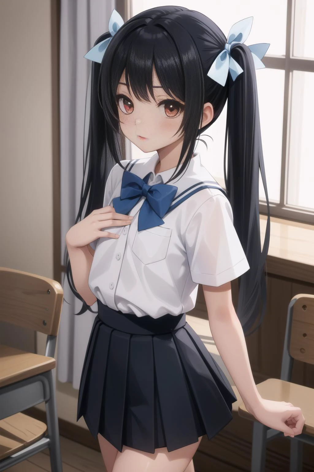(masterpiece, best quality), intricate details,
1girl, <lora:tsube_aika_ver1.0_2:0.8> tsube_aika, long hair, black hair, red eyes, flat chest, twintails, school uniform, white shirt, miniskirt, black skirt, short sleeves, high waist skirt, light blue bow,