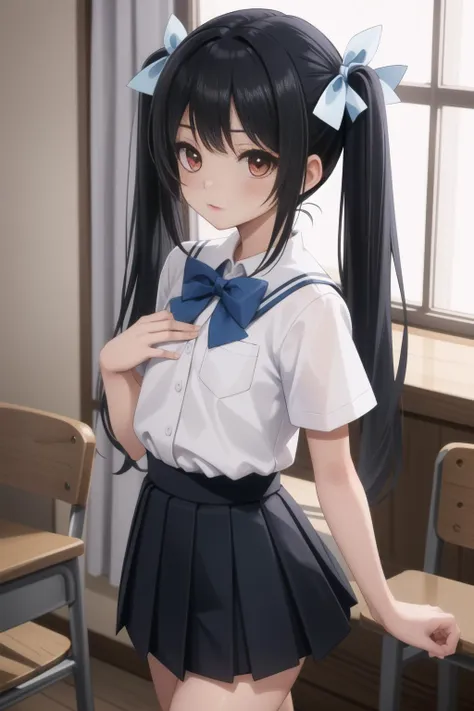 (masterpiece, best quality),  intricate details,
1girl,   <lora:tsube_aika_ver1.0_2:0.8> tsube_aika, long hair, black  hair, red eyes, flat chest, twintails, school uniform, white shirt, miniskirt, black skirt, short sleeves, high waist skirt, light blue bow,