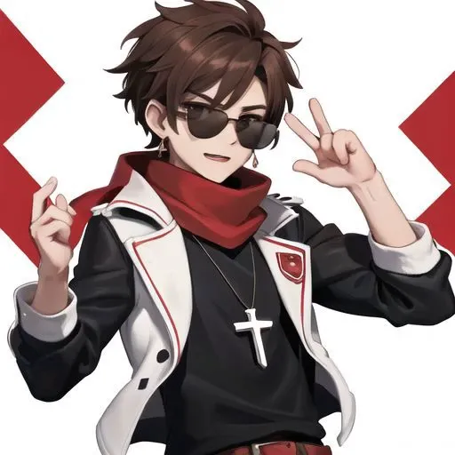 White background , simple background,:1.5
Create a hyper-realistic image of a stylish male character with no background. The character has messy brown hair and is wearing round black sunglasses. He sports a red bandana on his head, and his ears are adorned with various earrings, including crosses. Around his neck are layered necklaces, one with a cross pendant. He wears a brown bomber jacket with red and white patches on the sleeves, a red scarf, and a white draped shirt underneath. The character's hands are open and spread to the sides at waist level, forming a triangle with his body.