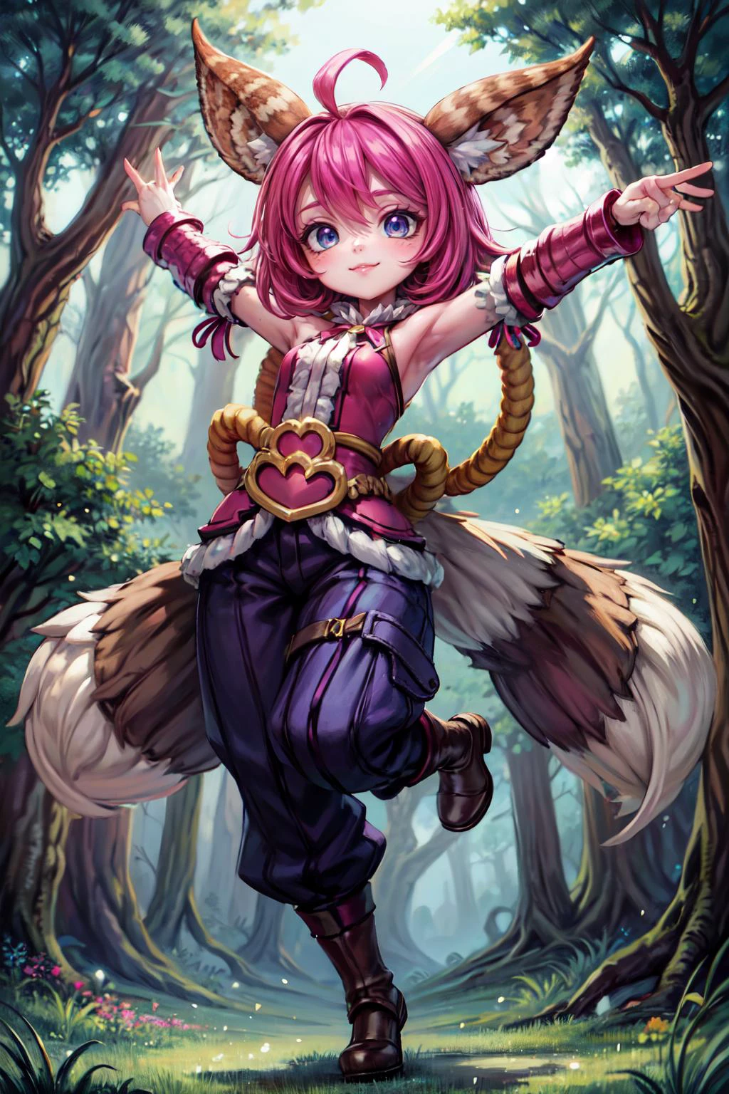 masterpiece, best quality, ultra high res, 1girl, cute, ((puffy eyes)), looking at viewer, full body, facing front, detailed face, detailed eyes, <lora:Nana_Feline_Wizard-08:0.8>, nana_fw, cute forest background, baggy pants, <lora:add_detail:1>, , blue eyes, smiling