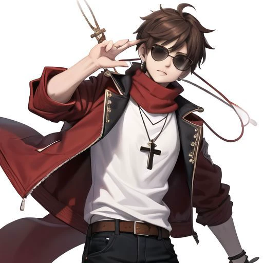 White background , simple background,:1.5
Create a hyper-realistic image of a stylish male character with no background. The character has messy brown hair and is wearing round black sunglasses. He sports a red bandana on his head, and his ears are adorned with various earrings, including crosses. Around his neck are layered necklaces, one with a cross pendant. He wears a brown bomber jacket with red and white patches on the sleeves, a red scarf, and a white draped shirt underneath. The character's hands are open and spread to the sides at waist level, forming a triangle with his body.