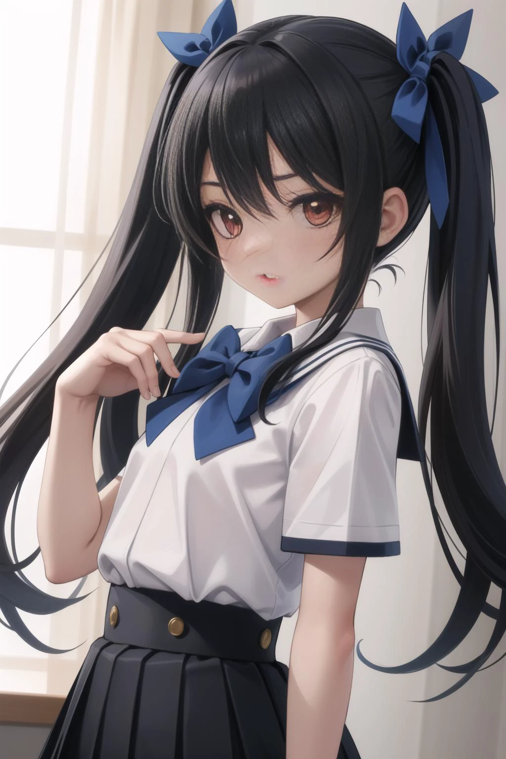 (masterpiece, best quality), intricate details,
1girl, <lora:tsube_aika_ver1.0_2:0.8> tsube_aika, long hair, black hair, red eyes, flat chest, twintails, school uniform, white shirt, miniskirt, black skirt, short sleeves, high waist skirt, light blue bow,
