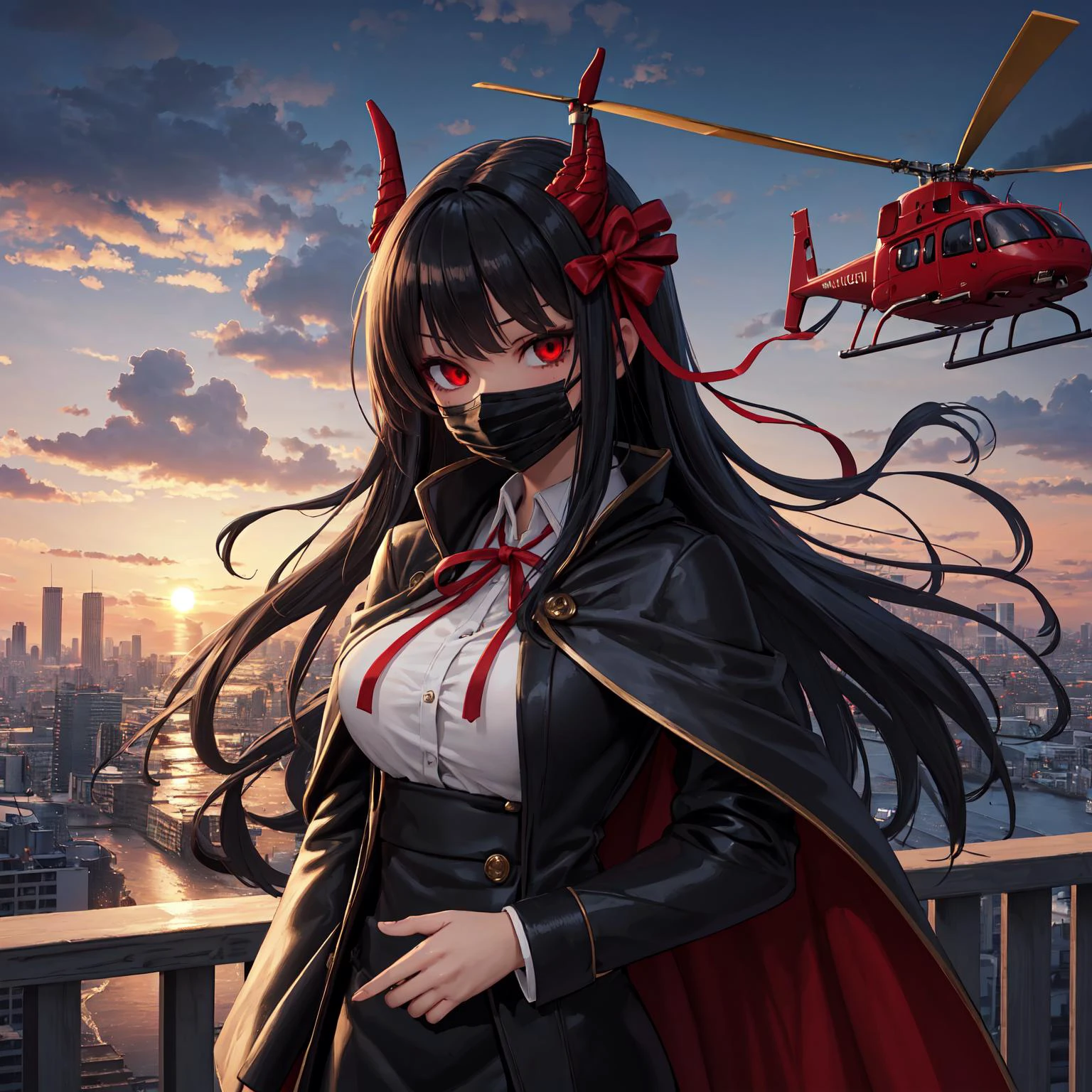 (masterpiece, best quality:1.4), 1girl, (red eye:1.2), black dust mask, goat horn, cape, black long straight hair, ribbon hair, smug, sunset, ribbon hair, modern, skyscraper, helicopter