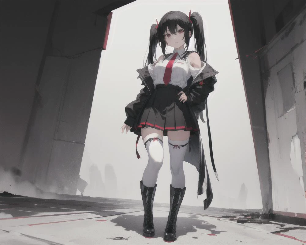 (((best quality))),(((masterpiece))),(((ultra detailed))),(highres),production art,1girl, solo, thighhighs, long hair, boots, skirt, hand on hip, full body, red eyes, white thighhighs, cross-laced footwear, pleated skirt, very long hair, knee boots, necktie, zettai ryouiki, looking at viewer, lace-up boots, twintails, standing, black footwear, red hair, white skirt, dark red background,<lora:flat2:-0.2> <lora:59_Alexia:0.65>
<lora:ahegao_V1:1>