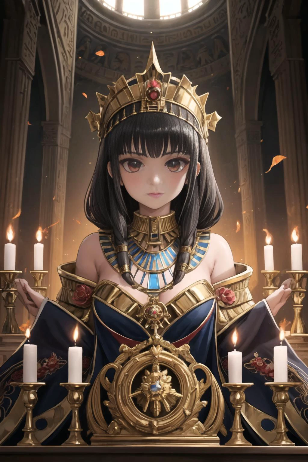 1girl, solo, portrait of godanubis with altar of fire, ornate, egypt, energy, aura, dust, debris, <lora:ARWgodanubis:1>