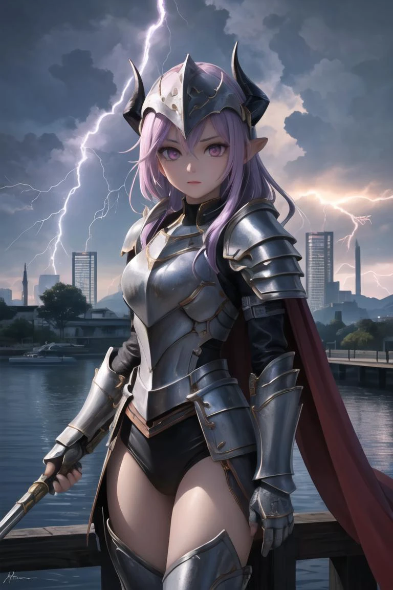 (masterpiece:1.2, best quality:1.1),8K,intricate details,HD,best illustration,wall-paper,intricate details,8K Hd wallpaper:1.6,1girl,solo:1.7,solo,weapon,helmet,full armor,holding,(shoulder armor:1.5),gauntlets,pauldrons,cape,glowing,knight,horns,cowboy,Technology armor,shot,standing,breastplate,glowing eyes,looking at viewer,fake horns,horned helmet,signature,black armorarmor,looking at viewer,glowing,gradient,weapon,gradient background,facing viewer,Sense of science and technology,(Metal armor:1.3),time,Fluorescent strip,(cyberpunk:1.2),science fiction,(Surround Lightning:1.1),lightning effects:1.1,jumping lightning,particle effects,particle flicker,scenery,no humans,architecture,outdoors,traditional media,water,east asian architecture,bridge,river,tree,building,watercraft,day,real world location,lake,landscape,sky,boat,ocean,pagoda,nature,chinesecity,chinesectown,cloud,(Lightning around the armor:1.1),((Blue-purple lightning:1.2)),electric spark,Epic battle scene,<lora:cnjj_20230628055345:0.8>,