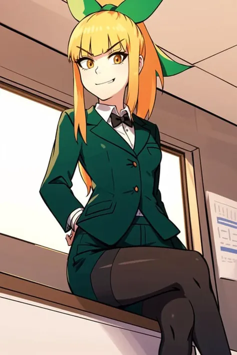 masterpiece, best_quality, <lora:Fey_Fandeltales-000019:0.58>,
Fey_Fandeltales, bangs, orange eyes,blonde hair, (office clothes, suit:1.1 ) , small breasts, hair bow,( ponytail),
bare arms, (formal), ( smirk , solo, from below, worm's-eye view, forced perspective, sfw :1.3 ), looking at viewer, ( Beautiful, office, on desk), (stockings, crossed legs :1.4 ) ,
