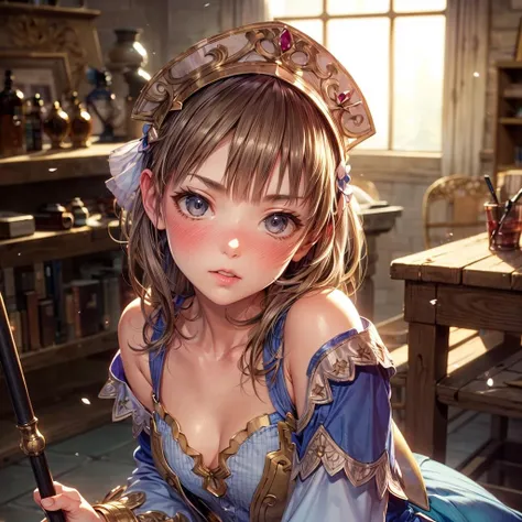 8k, 4k, intricate details, cinematic lighting, stunning environment, ornate, (realistic:1.2), detailed face, detailed eyes, detailed shadows, (atelier series:1.3), 1girl, bare shoulders, blue sleeves, blush, boots, brown hair, day, detached sleeves, dress, full body, boots, long hair, looking at viewer, petals, skirt, sky, solo,  <lora:1_ADD_Detail:1>,  <lora:CHA_Totori:0.8>