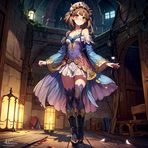 8k, 4k, intricate details, cinematic lighting, stunning environment, ornate, (realistic:1.2), detailed face, detailed eyes, detailed shadows, (atelier series:1.3), 1girl, bare shoulders, blue sleeves, blush, boots, brown hair, day, detached sleeves, dress, full body, boots, long hair, looking at viewer, petals, skirt, sky, solo, <lora:1_ADD_Detail:1>, <lora:CHA_Totori:0.8>