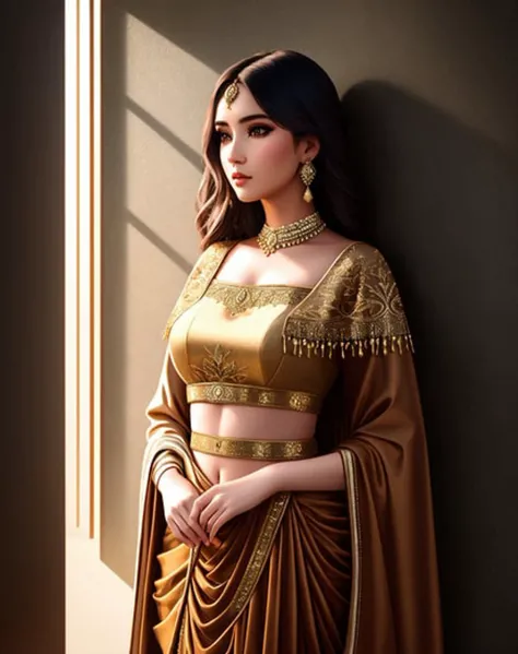 Masterpiece, high quality, 4K, beautiful design, shiny, from the front, award winning photo, extremely detailed, amazing, fine detail, absurdres, highly detailed woman, extremely detailed eyes and face, by lee jeffries nikon d850 film stock photograph 4 kodak portra 400 camera f1.6 lens rich colors hyper realistic lifelike texture dramatic lighting unrealengine trending on artstation cinestill 800 tungsten, solo, 1girl,
wifs, a woman standing in front of a wall , woman wearing a wifs, brown drape, golden embroidery over black lace top , <lora:WIFS:0.8>