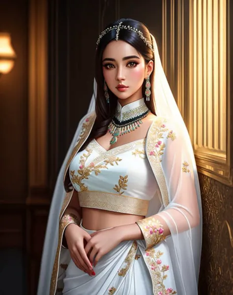 Masterpiece, high quality, 4K, beautiful design, shiny, from the front, award winning photo, extremely detailed, amazing, fine detail, absurdres, highly detailed woman, extremely detailed eyes and face, by lee jeffries nikon d850 film stock photograph 4 kodak portra 400 camera f1.6 lens rich colors hyper realistic lifelike texture dramatic lighting unrealengine trending on artstation cinestill 800 tungsten, solo, 1girl,
wifs, a woman standing in front of a wall , woman wearing a wifs, white drape,floral print, floral embroidery over black lace top , <lora:WIFS:0.8>