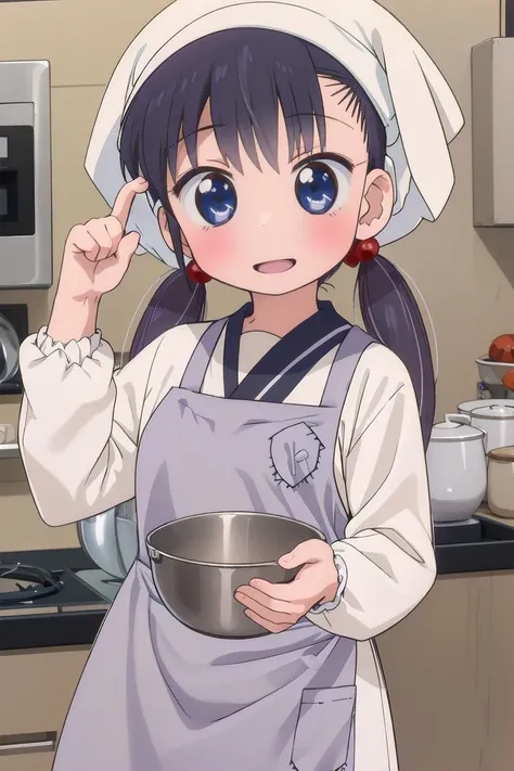 1girl, jcooya, smile, open mouth,
hair ornament, hair bobbles,
twintails, low twintails,
kappougi, long sleeves, white apron, white headwear,
indoors, kitchen, curry
<lora:OoyasanHaJC_Chie-v10:0.9>