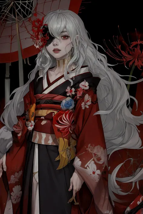 absurdres, masterpiece, best quality, 1girl, solo, standing, emblany, one eye covered, spider lily, kimono,  <lora:embla-fe-richy-v1:1> <lora:manjusaka:0.4>