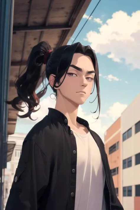 (best quality:1.1), (masterpiece:1.4), illustration, looking at viewer, , , , , 1boy, solo, male focus, <lora:keisuke_baji:0.84>, keisuke_baji, black hair, brown eyes, long hair, ponytail, toga costume, The Valley of the Lost,
