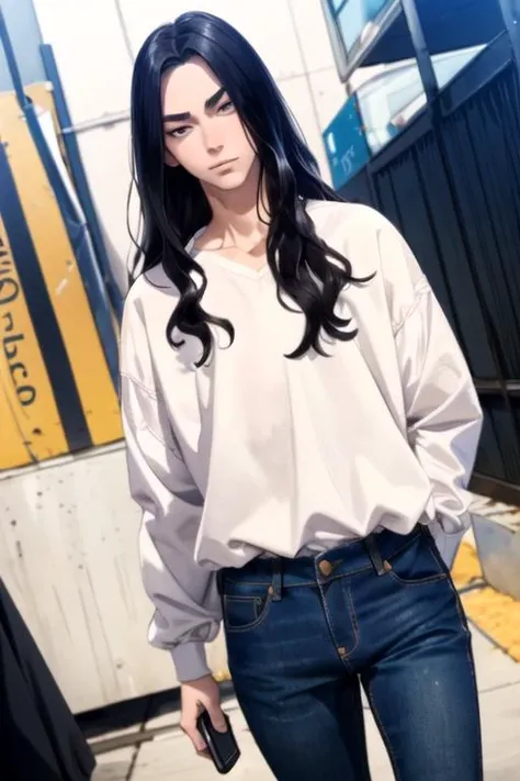 (best quality:1.1), (masterpiece:1.4), movie still, looking at viewer, , depth of field, (watercolor illustration, soft pastel colors:1.1), realistic, 1boy, solo, male focus, <lora:keisuke_baji:1>, keisuke_baji, black hair, brown eyes, long hair, , denim jeans, , grimdark, 8k resolution