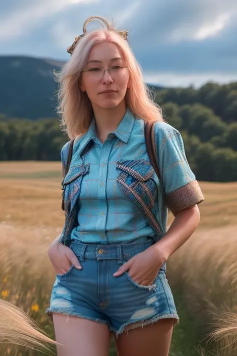 DEN_bigtittygothegg_OFMK2,
(walking through a tallgrass meadow wearing (Jean shorts:1.3) and (plaid shirt:1.3), meadow, wild, overgrown, walking,:1.2),
bokeh, f1.4, 40mm, photorealistic, raw, 8k, textured skin, skin pores, intricate details <lora:epi_noiseoffset2:1>, epiCRealism <lora:ClothingAdjuster3:-1>