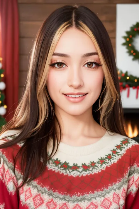 (RAW 8k photo) of v1ol3tg3m5, <lora:v1ol3tg3m5:0.75>, (wearing edgPO pullover, edgPO, christmas themed sweater), <lora:edgPullovers:1>, (RAW photo, best quality), (realistic, photo-realistic:1.4), masterpiece, an extremely delicate and beautiful, extremely detailed, 2k wallpaper, Amazing, finely detail, extremely detailed CG unity 8k wallpaper, ultra-detailed, highres, soft light, mascara, makeup, beautiful detailed woman, smiling, perfect anatomy, long hair, extremely detailed eyes and face, beautiful detailed nose, beautiful detailed eyes, cinematic lighting, in the front room, log cabin backdrop, winter scenery, fireplace