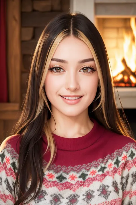 (RAW 8k photo) of v1ol3tg3m5, <lora:v1ol3tg3m5:0.75>, (wearing edgPO pullover, edgPO, christmas themed sweater), <lora:edgPullovers:1>, (RAW photo, best quality), (realistic, photo-realistic:1.4), masterpiece, an extremely delicate and beautiful, extremely detailed, 2k wallpaper, Amazing, finely detail, extremely detailed CG unity 8k wallpaper, ultra-detailed, highres, soft light, mascara, makeup, beautiful detailed woman, smiling, perfect anatomy, long hair, extremely detailed eyes and face, beautiful detailed nose, beautiful detailed eyes, cinematic lighting, in the front room, log cabin backdrop, winter scenery, fireplace