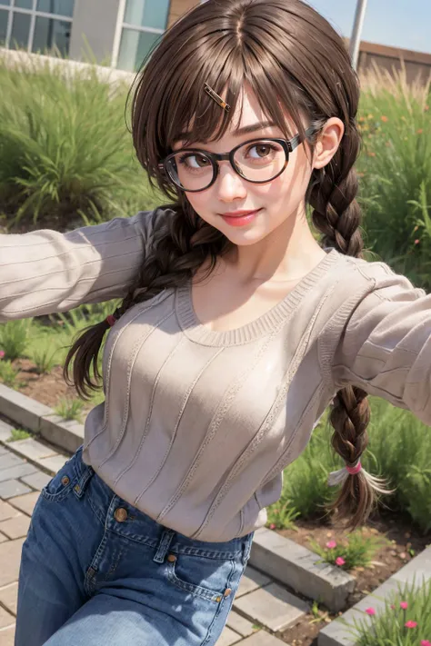 looking_at_viewer,Smile,
<lora:(QyYsS)l4SSCh<.mizuharaChizuruRentA_v10:0.7>,
CHI1,1GIRL,solo,brown eyes,brown hair,swept bangs,TWIN BRAIDS,TWINTAILS,
hair ornament,hairclip,glasses,collarbone,sweater,long sleeves,pants,jeans,
facing viewer,(reaching out with stretched arms and open hands for a hug),