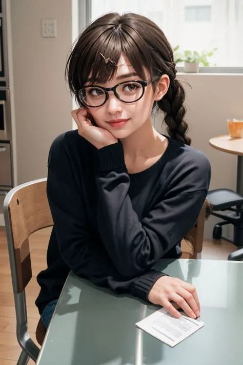 looking_at_viewer,Smile,
<lora:(QyYsS)l4SSCh<.mizuharaChizuruRentA_v10:0.7>,
CHI1,1GIRL,solo,brown eyes,brown hair,swept bangs,TWIN BRAIDS,TWINTAILS,
hair ornament,hairclip,glasses,collarbone,sweater,long sleeves,pants,jeans,sneakers,
hands on own face,hands on own cheeks,head rest,elbows on table,upper body,
table,