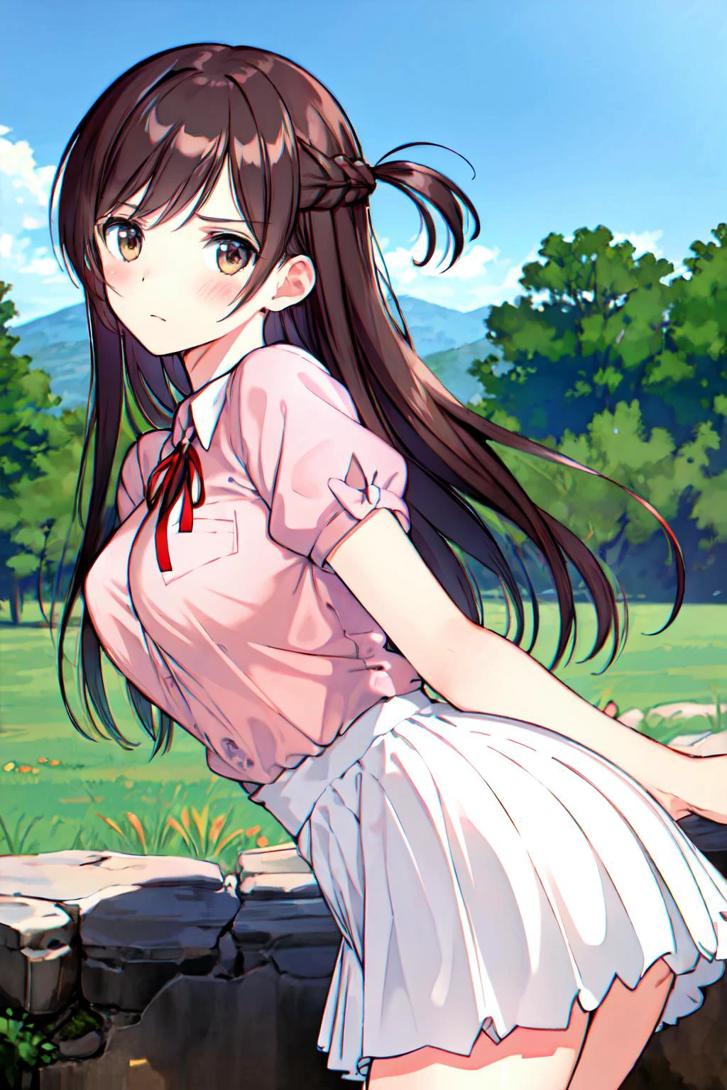 masterpiece, best quality, highres, ,precise lineart,silhouette,filigree,insanely detailed,
1girl,solo,<lora:mizuharaChizuruRentA_v10:0.7>
chi1, long hair, braid, one side up, bangs,brown eyes,
medium breasts,
white skirt, red ribbon, (pink shirt:1.2), pleated skirt, bangs, neck ribbon, puffy short sleeves,
arms behind back,
No expression,blush,
outdoors,
<lora:tonyTakaStyleLora_1:0.7>