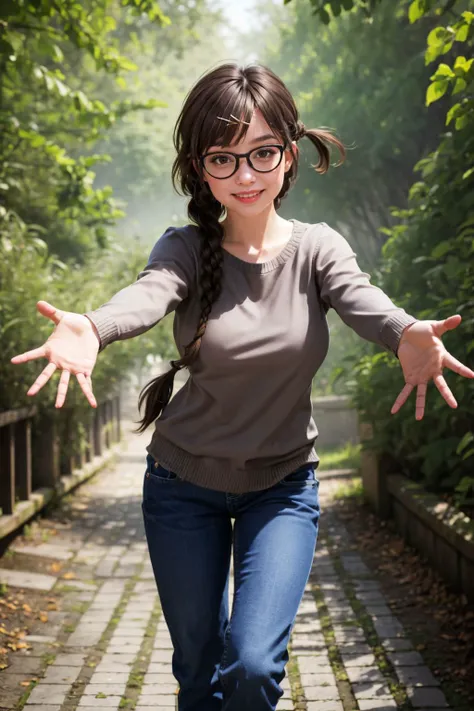 looking_at_viewer,Smile,
<lora:(QyYsS)l4SSCh<.mizuharaChizuruRentA_v10:0.7>,
CHI1,1GIRL,solo,brown eyes,brown hair,swept bangs,TWIN BRAIDS,TWINTAILS,
hair ornament,hairclip,glasses,collarbone,sweater,long sleeves,pants,jeans,
standing,(leaning_forward:1.2),(reaching out with stretched arms and open hands for a hug),facing viewer,
outdoors,