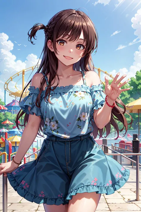masterpiece, best quality, highres, chi1, 1girl, long hair, one side up, solo, bracelet, bangs, bare shoulders, blue shirt, floral print, short sleeves, off-shoulder shirt, frills, blue skirt, <lora:mizuhara_chizuru_v4:0.6>, amusement park, waving, smile