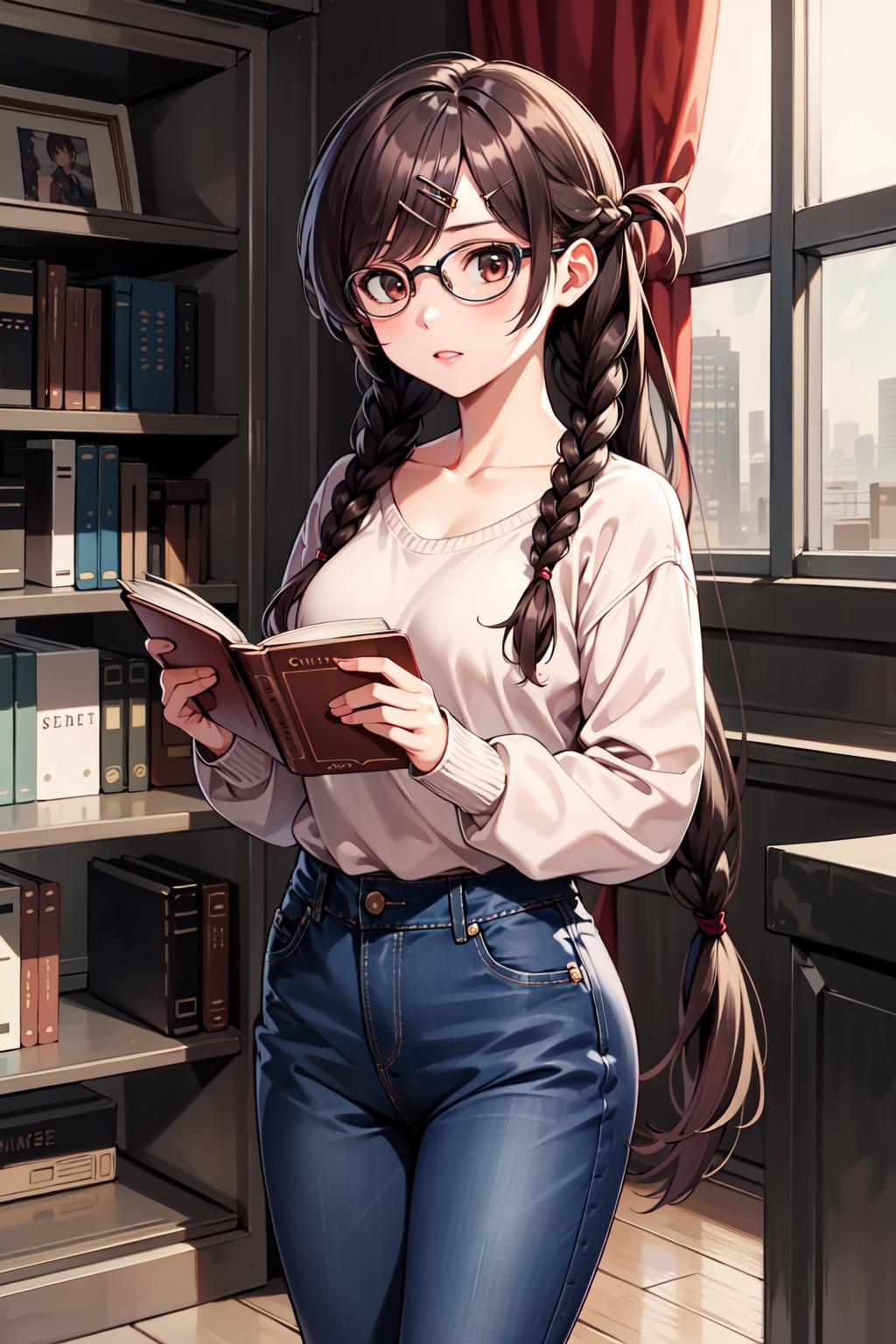 Anime girl with glasses reading a book in a library - SeaArt AI