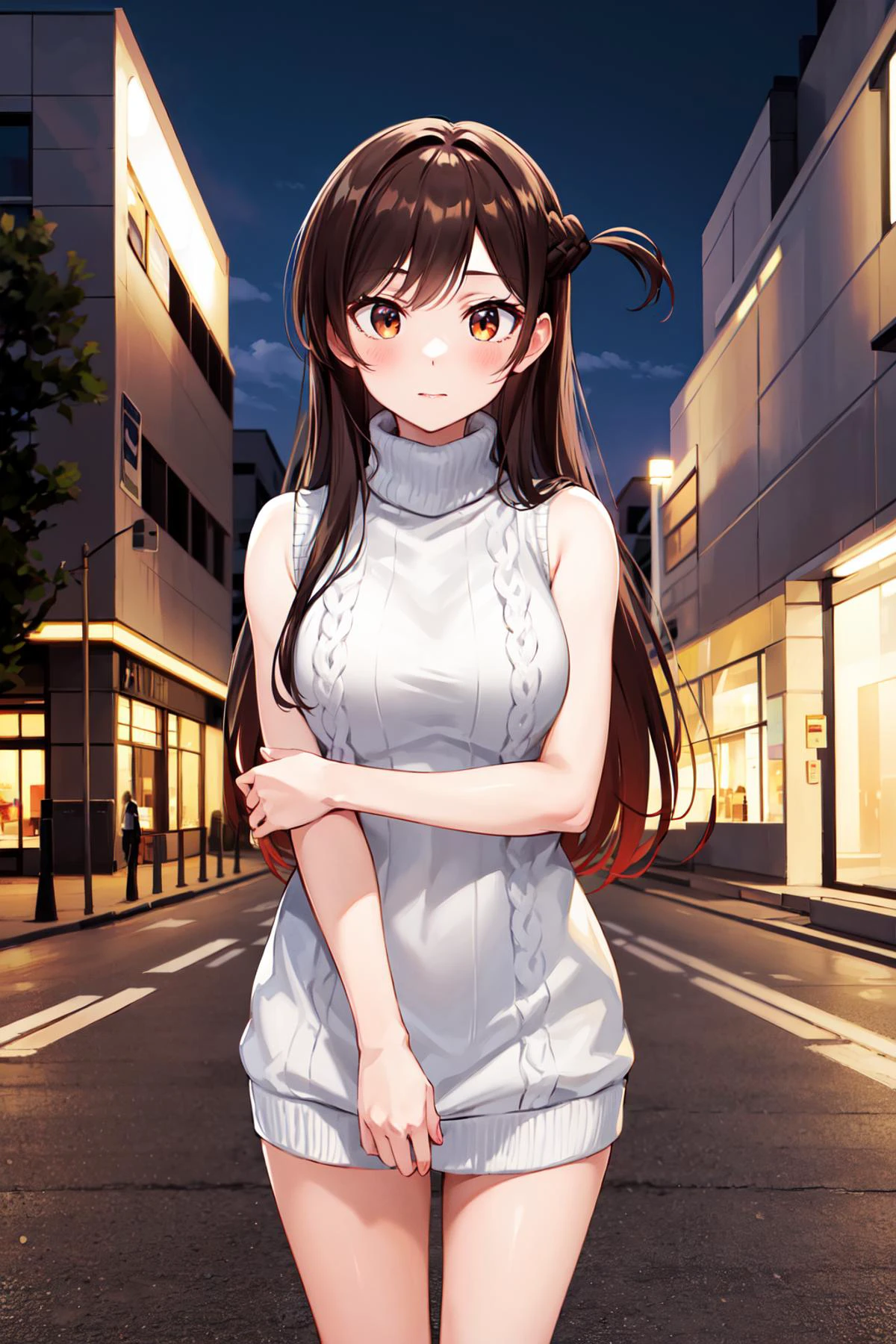 masterpiece, best quality, highres, aachizuru, long hair, one side up, <lora:mizuhara_chizuru_v2:0.7>, sweater dress, ribbed sweater, virgin killer sweater, turtleneck, sleeveless, outdoors, standing, night, street,
