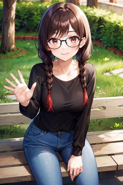 masterpiece, best quality, highres, aachizuru, long hair, twin braids, twintails, glasses, collarbone, black shirt, long sleeves, pants, jeans, <lora:mizuhara_chizuru_v2:0.7>, sitting, waving, bench, outdoors, smile