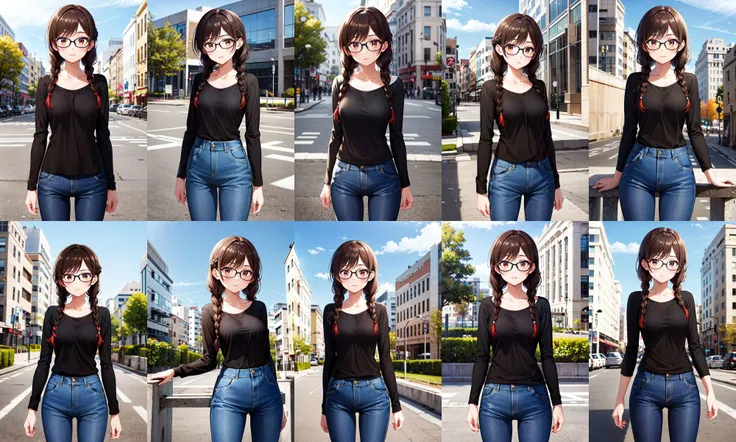 masterpiece, best quality, highres, aachizuru, long hair, twin braids, twintails, glasses, collarbone, black shirt, long sleeves, pants, jeans, <lora:mizuhara_chizuru_v2:0.7>, standing, cowboy shot, outdoors, building, arms at sides,