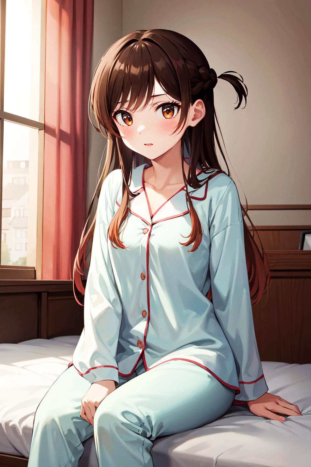 masterpiece, best quality, highres, aachizuru, long hair, one side up, <lora:mizuhara_chizuru_v2:0.7>, pajamas, room, bed, sitting