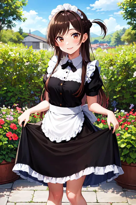 masterpiece, best quality, highres, aachizuru, long hair, one side up, <lora:mizuhara_chizuru_v2:0.7>, maid, maid headdress, apron, black dress, skirt hold, smile, garden, standing,