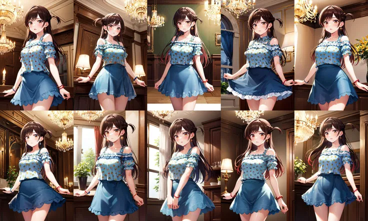 masterpiece, best quality, highres, aachizuru, long hair, one side up, earrings, bare shoulders, floral print, frills, blue shirt, short sleeves, bracelet, blue skirt, <lora:mizuhara_chizuru_v2:0.7>, standing, cowboy shot, indoors, chandelier, arms at sides,