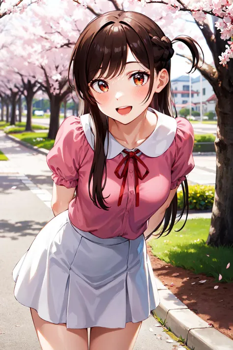 masterpiece, best quality, highres, aachizuru, long hair, one side up, neck ribbon, pink shirt, short sleeves, white skirt, <lora:mizuhara_chizuru_v2:0.7>, smile, open mouth, standing, cowboy shot, leaning forward, bent over, outdoors, cherry blossoms, arms behind back,