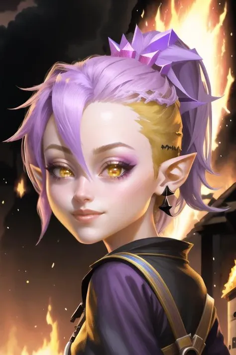 Highly detailed, High Quality, Masterpiece, beautiful, 1girl, IncrsDisasterGirlMeme, fire, smile,  pointy ears, detailed hands, pointy chin, purple hair, ponytail, (beautiful yellow eyes), outdoors, from behind, background explosion, <lora:DisasterGirlMeme:0.8> <lora:amity_timeskip:0.8>