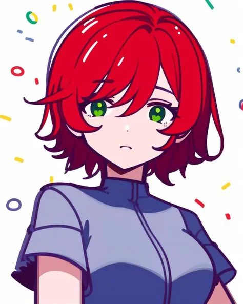 (masterpiece), (best quality), <lora:SakuraVRC:0.6> SakuraVRC, 1girl, solo, short hair, red hair, green eyes, breasts,  sticker, rough lines, vector, simple, flat illustration, mascot, Cartoon, white background, confetti, anime,  <lora:mbeStyle_v10:1>