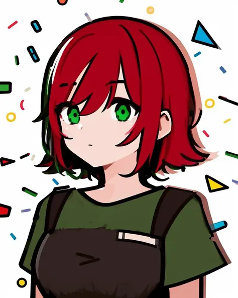 (masterpiece), (best quality), <lora:SakuraVRC:0.6> SakuraVRC, 1girl, solo, short hair, red hair, green eyes, breasts,  sticker, rough lines, vector, simple, flat illustration, mascot, Cartoon, white background, confetti, anime,  <lora:mbeStyle_v10:1>